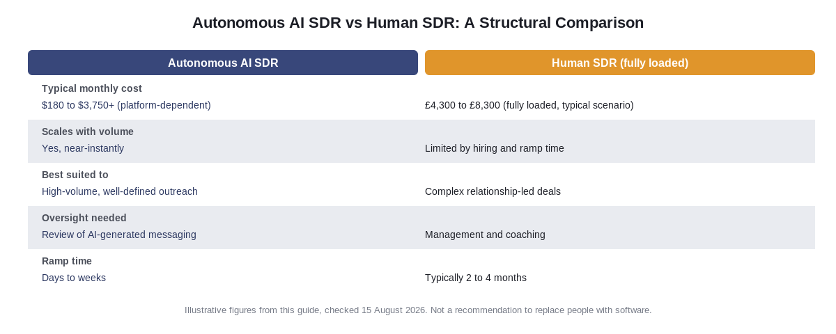 Autonomous AI SDR versus human SDR structural comparison chart